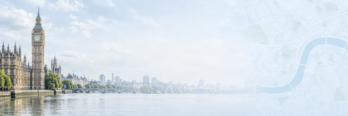 London skyline featuring Westminster and a map overlay