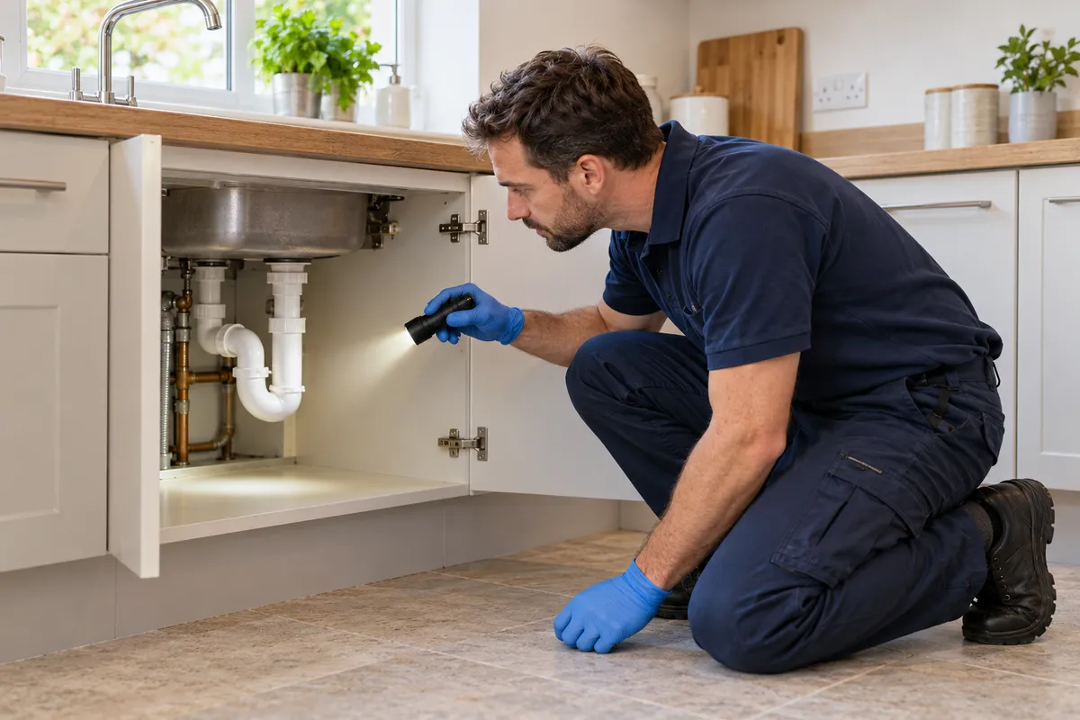 Illustrative technician inspecting pipe-entry areas inside an under-sink kitchen cupboard