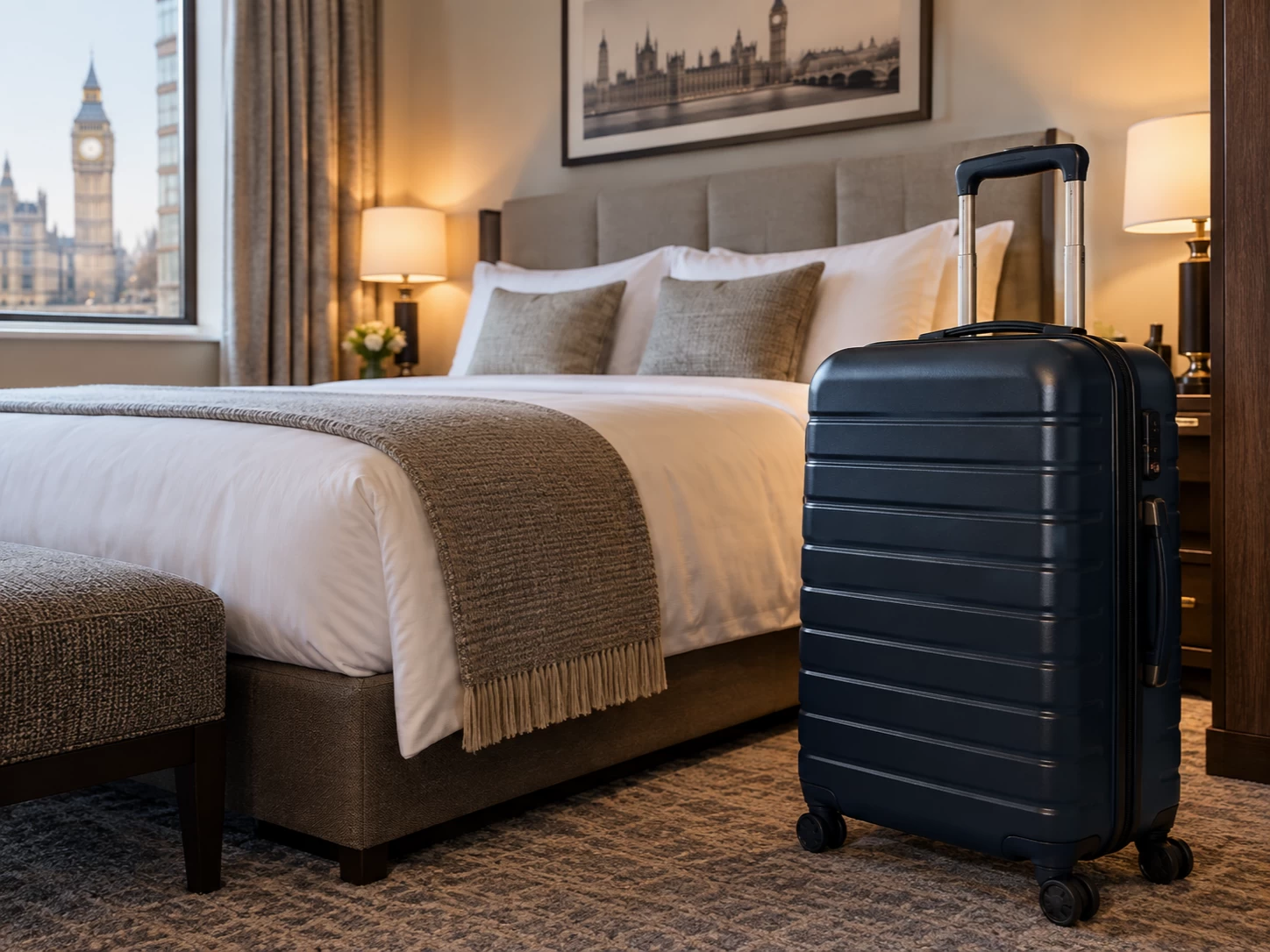 Illustration of luggage in a bedroom